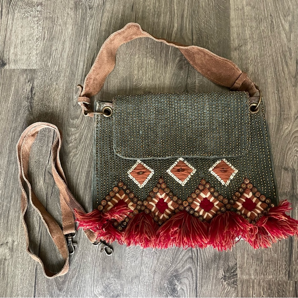 A&B Boho Chic Crossbody Bag with Fringe - Green and Red